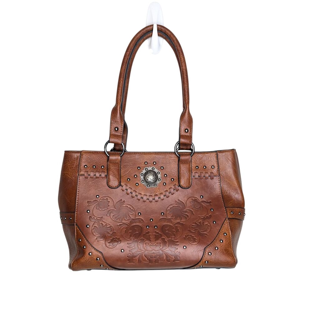 Lavawa Women's Tote Hand Bag Brown Conceal Carry Embossed Concho Leather Studs